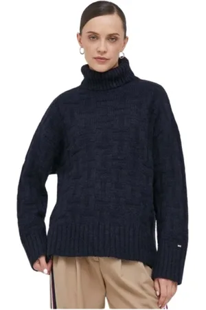 Tommy Hilfiger Strik, Dame, Blå, L, Uld, Logo Design Oversized Turtleneck
