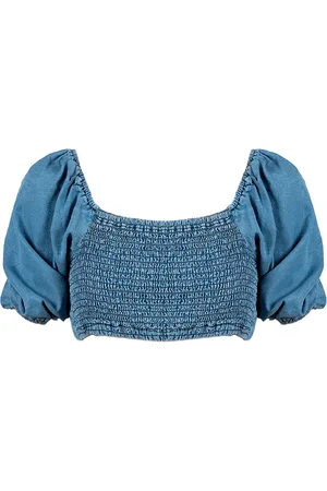 Patrizia Pepe Bluser & Skjorter, Dame, Blå, L, Denim, Denim Crop Top med firkantet halsudskæring