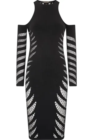 Roberto Cavalli Kjole, Dame, Sort, ONE SIZE, Uld, Zebra Mønster Midi Kjole med Cut-Out Design