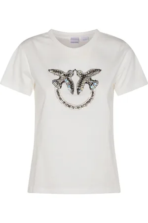Pinko Top, Dame, Hvid, M, Bomuld, Love Birds Jewel Embroidery T-Shirt