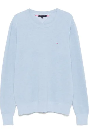 Tommy Hilfiger Strik, Herre, Blå, S, Bomuld, Lyseblå sweater med broderet logo