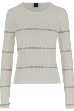 Pinko Strik, Dame, Hvid, XS, Bomuld, Stribet strikpullover med rund hals