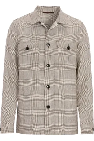 Oscar Jacobson Jakke, Herre, Brun, M, Linned, Beige Glencheck Overshirt Regular Fit