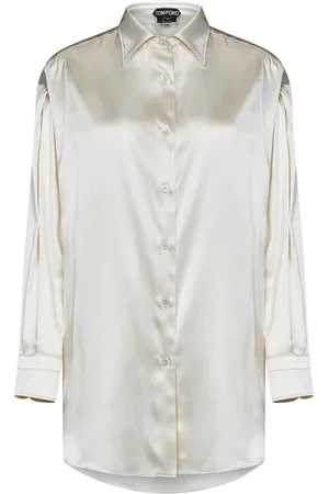 Tom Ford Bluser & Skjorter, Dame, Hvid, S, Satin, Relaxed-Fit Kridtfarvet Stretch Silke Satin Skjorte