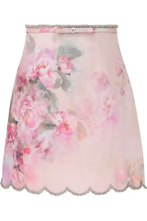 ZIMMERMANN Nederdel, Dame, Lyserød, L, Linned, Blomstret Mini Nederdel med Krystaldetaljer