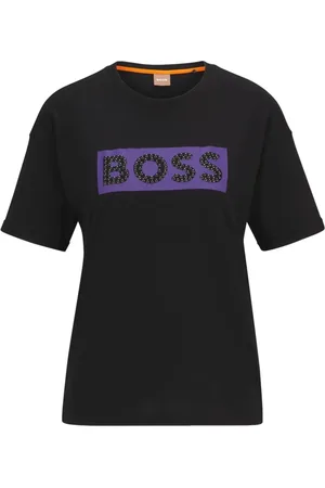 HUGO BOSS Top, Dame, Sort, XS, Bomuld, Slim Fit bomulds T-shirt med dekoreret logo