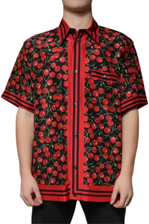 Dolce & Gabbana Skjorte, Herre, Flerfarvet, 2XL, Kirsebær Silke Button Down Casual Skjorte