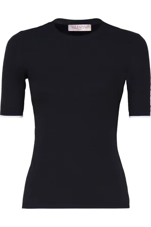 VALENTINO GARAVANI Strik, Dame, Blå, L, Polyester, Elastisk T-shirt med Rund Hals