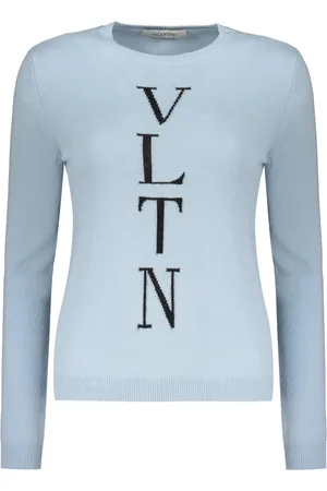 VALENTINO GARAVANI Strik, Dame, Blå, S, Uld, Ribstrikket uldsweater med logo foran