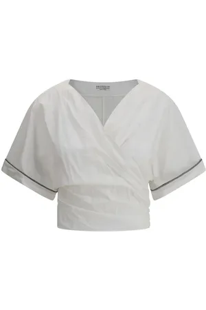 Brunello Cucinelli Bluser & Skjorter, Dame, Hvid, 2XS, Bomuld, Bluse med juveldetaljer, V-udskæring