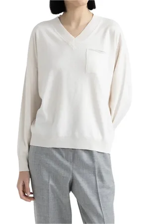 PESERICO SIGN Strik, Dame, Hvid, S, Uld, V-hals Uld Silke Cashmere Sweater