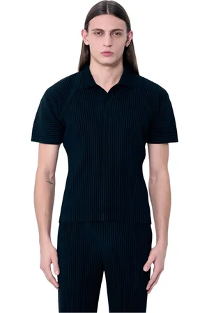 Issey Miyake Top, Herre, Sort, M, Polyester, Plisseret Polo Top Kortærmet Rund Hals