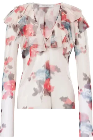 Serafini Bluser & Skjorter, Dame, Flerfarvet, S, Tyl, Beige Blomstret Top med Flæser