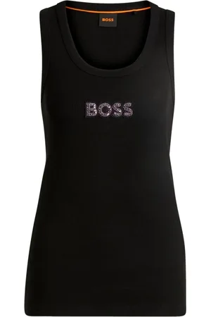 HUGO BOSS Top, Dame, Sort, L, Bomuld, Ribbet bomuldstop med Stonebadge