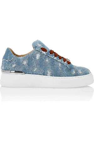 Philipp Plein Sko, Dame, Blå, 41 EU, Denim, Denim Lo Top Sneakers Monogram Strass