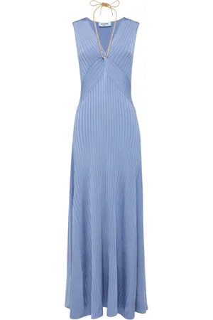 Blugirl Kjole, Dame, Blå, XS, Ribbet V-Neck Kjole med Drapering
