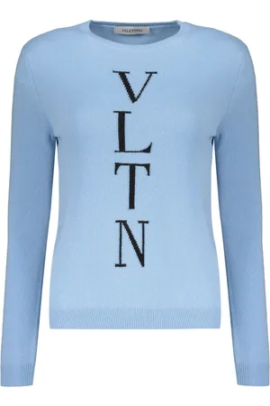 VALENTINO GARAVANI Strik, Dame, Blå, S, Uld, Ribstrikket uldsweater med logo foran
