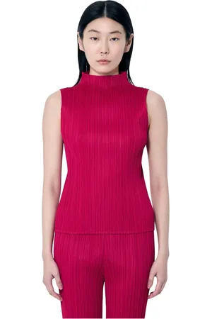 Issey Miyake Top, Dame, Rød, 2XL, Polyester, Plisseret Top med Høj Hals