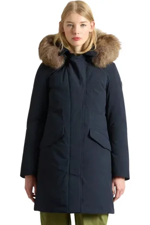 Woolrich Frakke, Dame, Blå, L, Uld, Modern Parka med aftagelig hætte