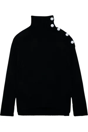 Zadig & Voltaire Strik, Dame, Sort, M, Cashmere, Cashmere Turtleneck Sweater med Knapper