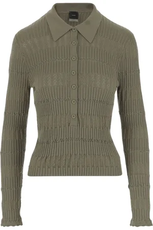 Pinko Top, Dame, Grøn, M, Bomuld, Langærmet polo shirt med metallisk stribe