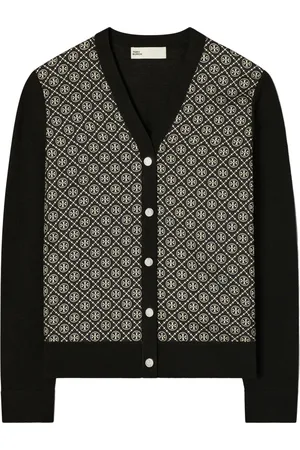 Tory Burch Strik, Dame, Sort, S, Uld, Monogram Silk Front Cardigan