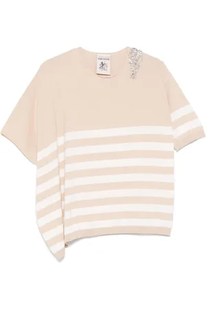SEMICOUTURE Top, Dame, Lyserød, S, Uld, Stribet krystalpyntet sweater