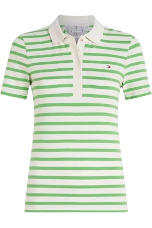 Tommy Hilfiger Top, Dame, Grøn, L, Bomuld, 1985 Slim Piqué Stribet Polo Shirt