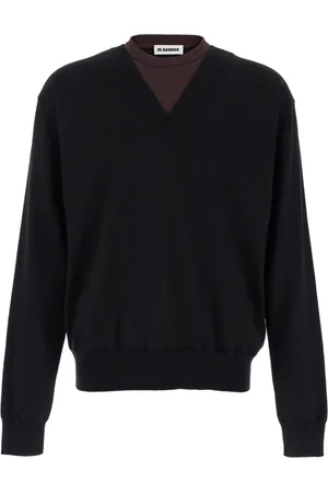 Jil Sander Strik, Herre, Sort, M, Uld, Double-neck Crew V-neck Sweater