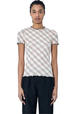 Burberry Strik, Dame, Flerfarvet, L, Bomuld, Check Motif Frilly Trim T-Shirt