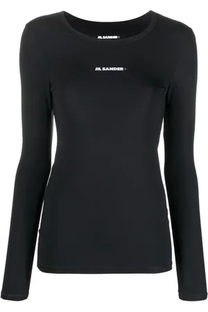 Jil Sander Top, Dame, Sort, M, Tyl, Sort T-shirt med Crew Neck og Logo Print