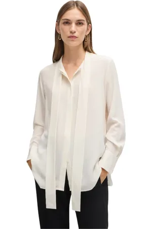 HUGO BOSS Bluser & Skjorter, Dame, Hvid, XL, Silkebluse med sløjfekrave