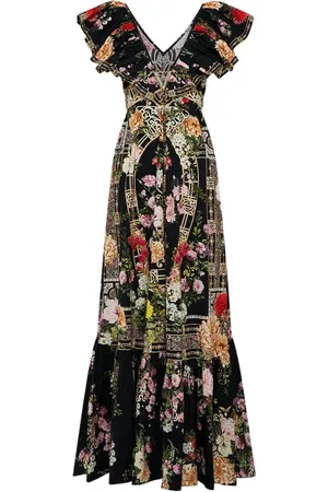 Camilla Kjole, Dame, Sort, XS/S, Bomuld, Blomstret Maxi Kjole med V-Hals