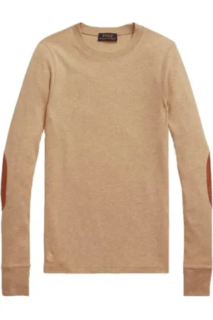 Ralph Lauren Sweathshirts & Hoodies, Dame, Brun, 2XL, Bomuld, Stretch Bomulds Sweater med Ruskindslapper på Albuerne