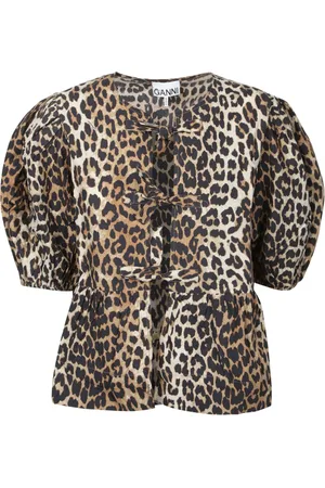 Ganni Bluser & Skjorter, Dame, Brun, L, Bomuld, Leopard Print Puff Sleeve Blouse