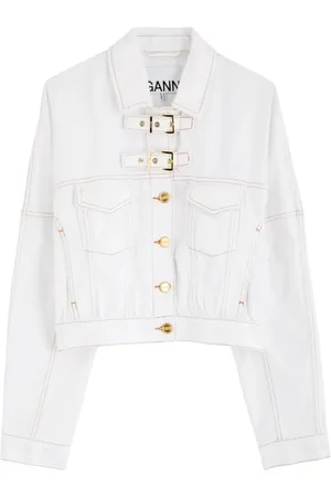 Ganni Jakke, Dame, Hvid, M, Uld, Hvid Denim Jakke med Guld Knapper