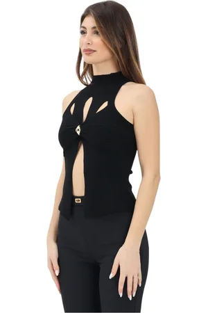 Elisabetta Franchi Top, Dame, Sort, S, Uld, Sort Ribtop med Cut-Out Detaljer