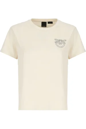 Pinko Top, Dame, , S, Bomuld, Elfenbensfarvet bomulds T-shirt med Strass-logo