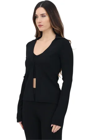 Calvin Klein Strik, Dame, Sort, S, Uld, Sort Kort Cardigan V-Hals Sweater