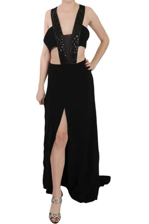 John Richmond Kjole, Dame, Sort, XS, Læder, Elegant Flare Maxi Aftenkjole
