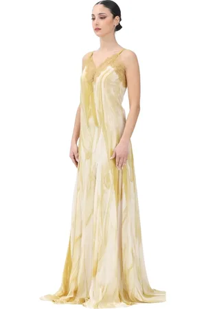 Elisabetta Franchi Kjole, Dame, Flerfarvet, S, Tyl, Elegant Gul Lang Kjole med Blonder
