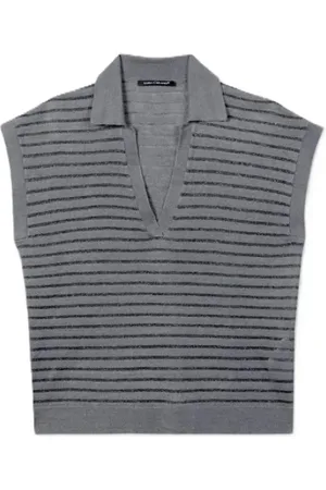 Luisa Cerano Strik, Dame, Grå, L, Uld, Kortærmet V-hals Pullover med Polokragen