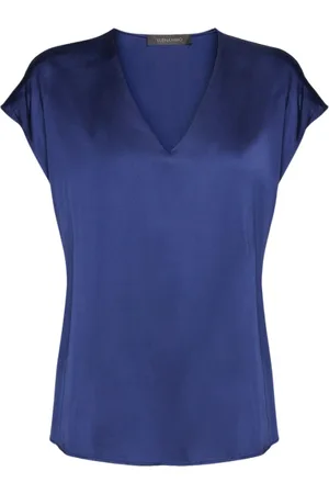 Elena Miro Bluser & Skjorter, Dame, Blå, XL, Satin, V-hals satinbluse strækstof