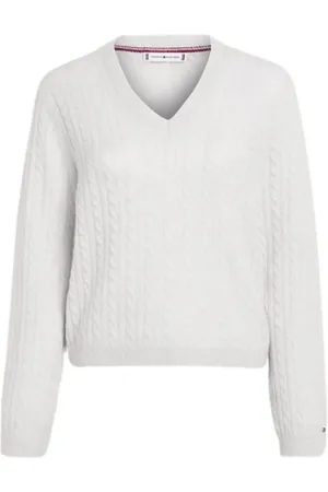 Tommy Hilfiger Strik, Dame, Hvid, S, Uld, Twisted Knit V-Neck Sweater