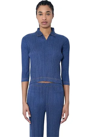 Issey Miyake Top, Dame, Blå, 2XL, Bomuld, Plisseret Polo Langærmet Top
