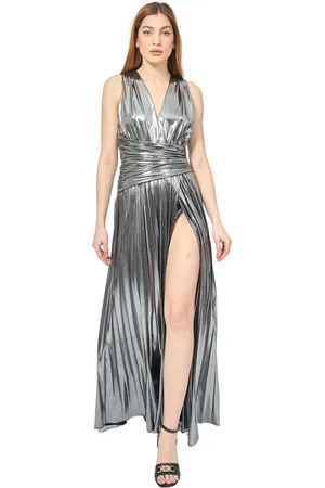Fracomina Kjole, Dame, Grå, M, Polyester, Metallic V-Neck Plisseret Maxi Kjole