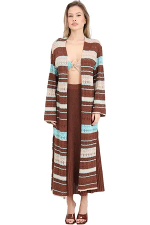 AKEP Strik, Dame, Brun, S, Polyester, Brun Stribet Maxi Kimono Jakke