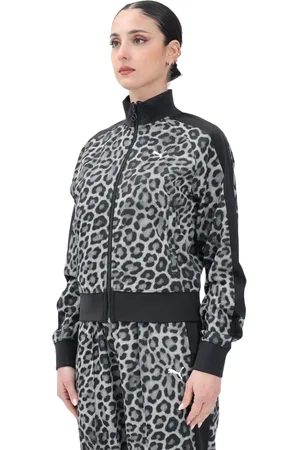 PUMA Sweathshirts & Hoodies, Dame, Flerfarvet, M, Uld, Leopard Print Lynlås Jakke Kvinder