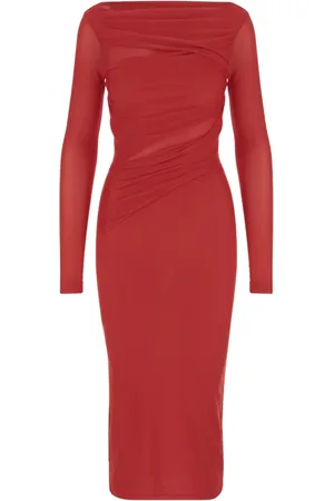 Pinko Kjole, Dame, Rød, S, Nylon, Rød Draperet Jersey Kjole med Bateau Udskæring