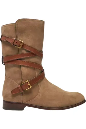 Ralph Lauren Sko, Dame, Brun, 39 1/2 EU, Suede, Suede ankelstøvler med dekorative remme